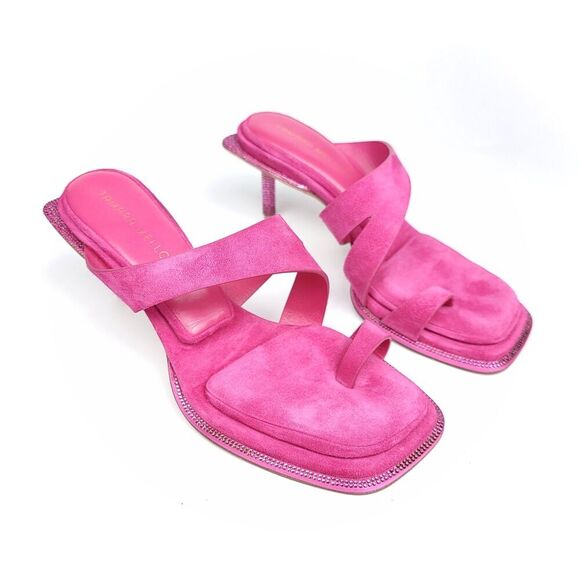 NEW Tamara Mellon Astral Pink Suede Sandal Crystal Stiletto Kitten Heel Toe Ring - Picture 3 of 14